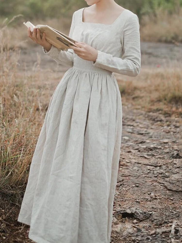 Vintage Square Neck Comfy Cotton Linen Maxi Dress