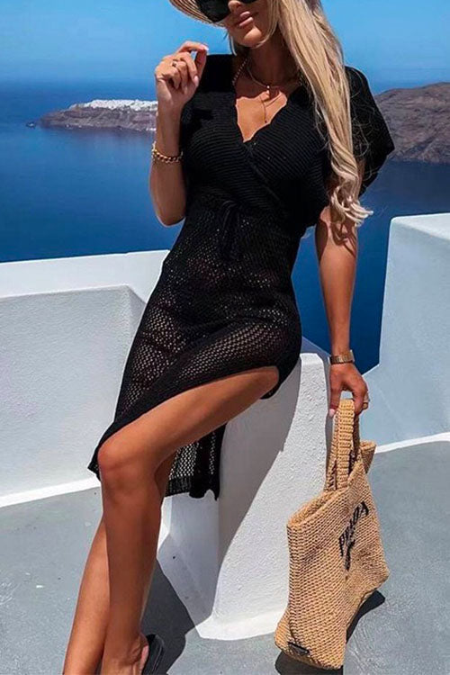 Heididress Wrap V Neck Tie Waist Side Split Cover Up Dress