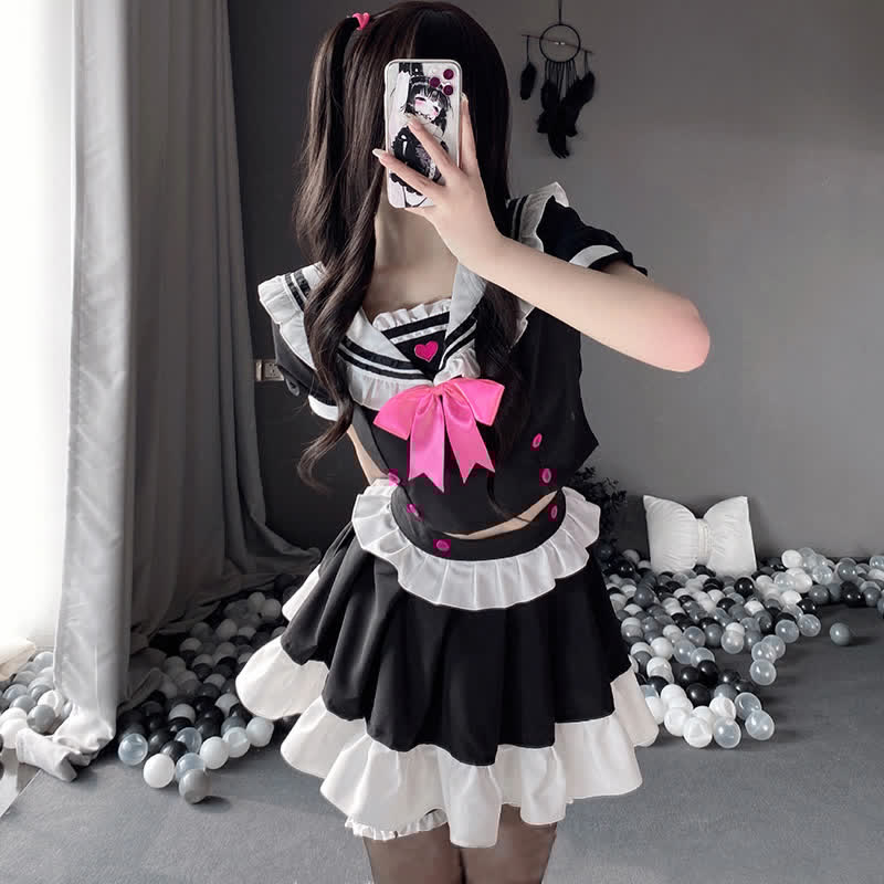 Cosplay Maid Bowknot Love Heart Lingerie Stockings Set
