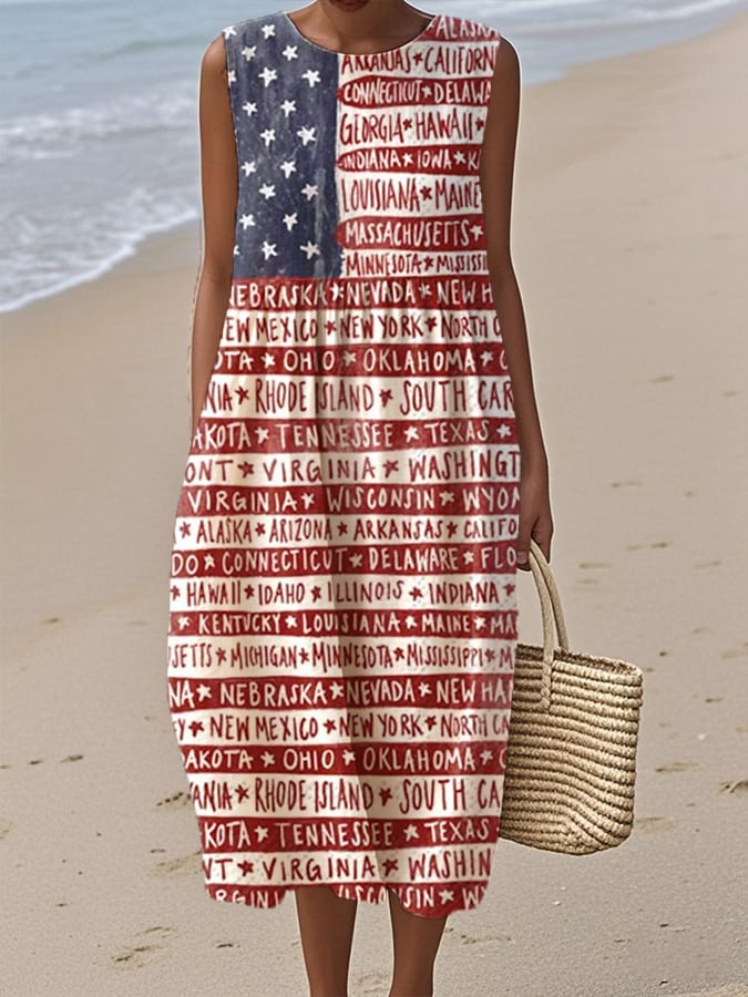 Women's Independence Day Printed Cotton and Linen Dress
