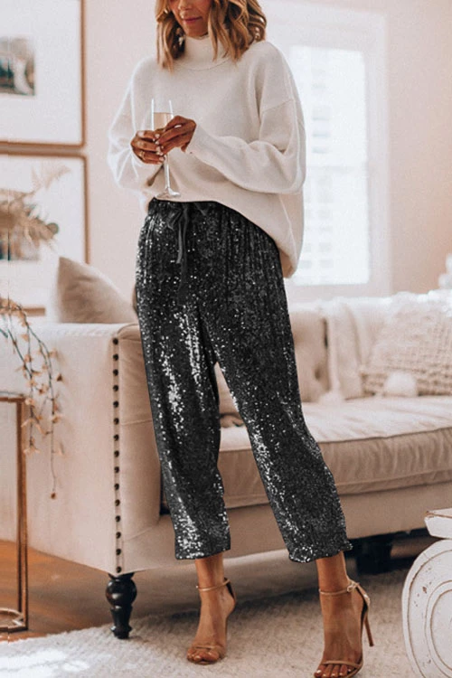 Heididress Drawstring Mid Waist Glitter Sequin Pants