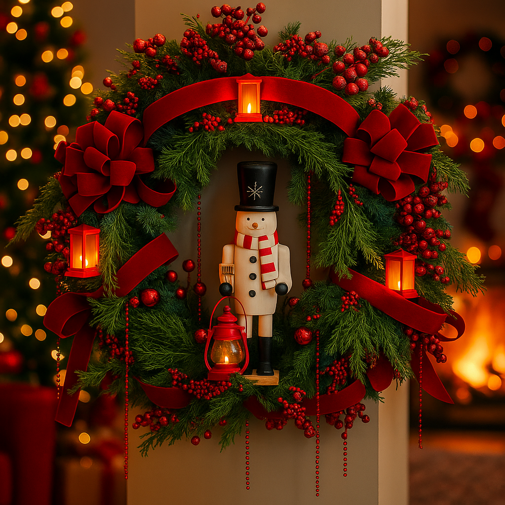 💥ON SALE💥Christmas Wreath with Snowman Figurine and LED Lanterns🎄✨