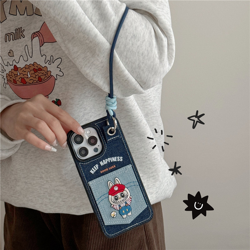 Labubu denim embroidery 3D pocket card slot phone case for iphone