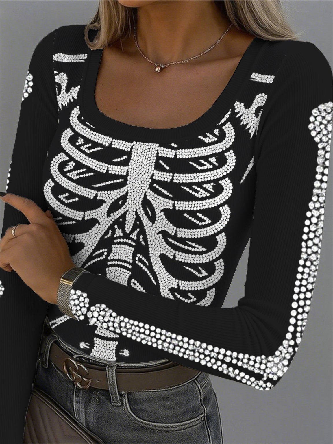 Women's Halloween Skull Print Long-Sleeved Top
