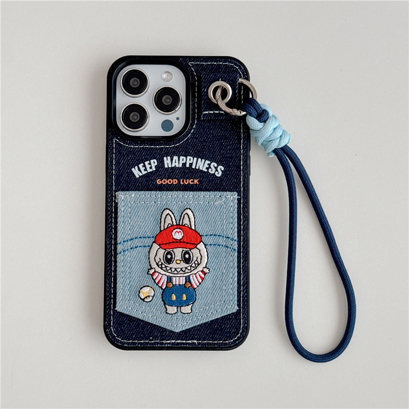 Labubu denim embroidery 3D pocket card slot phone case for iphone
