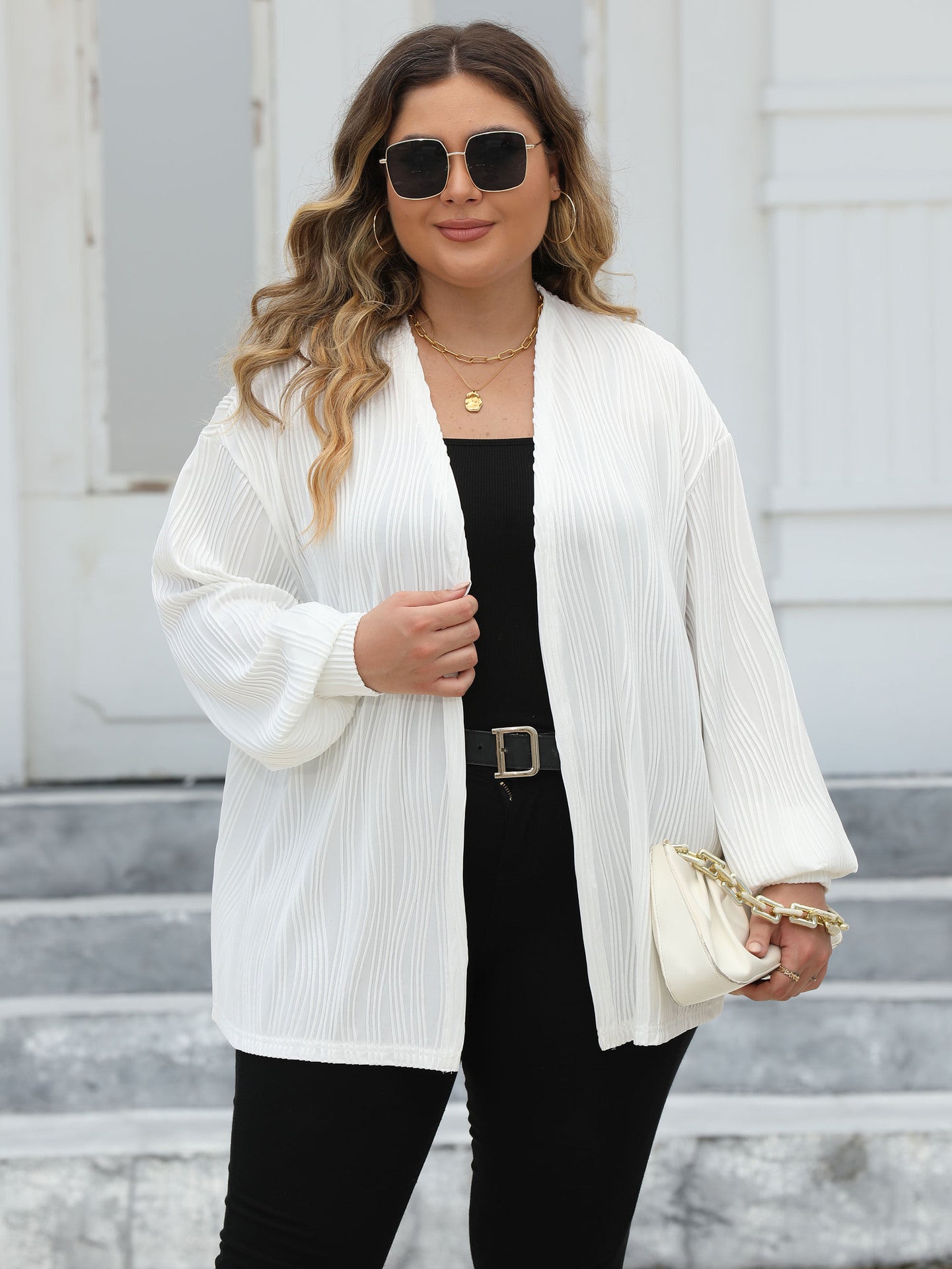 Plus Size Women Cardigan Women Wave Striped Casual Loose Jacket Comfortable Top Lantern Sleeve Air Conditioning Shirt