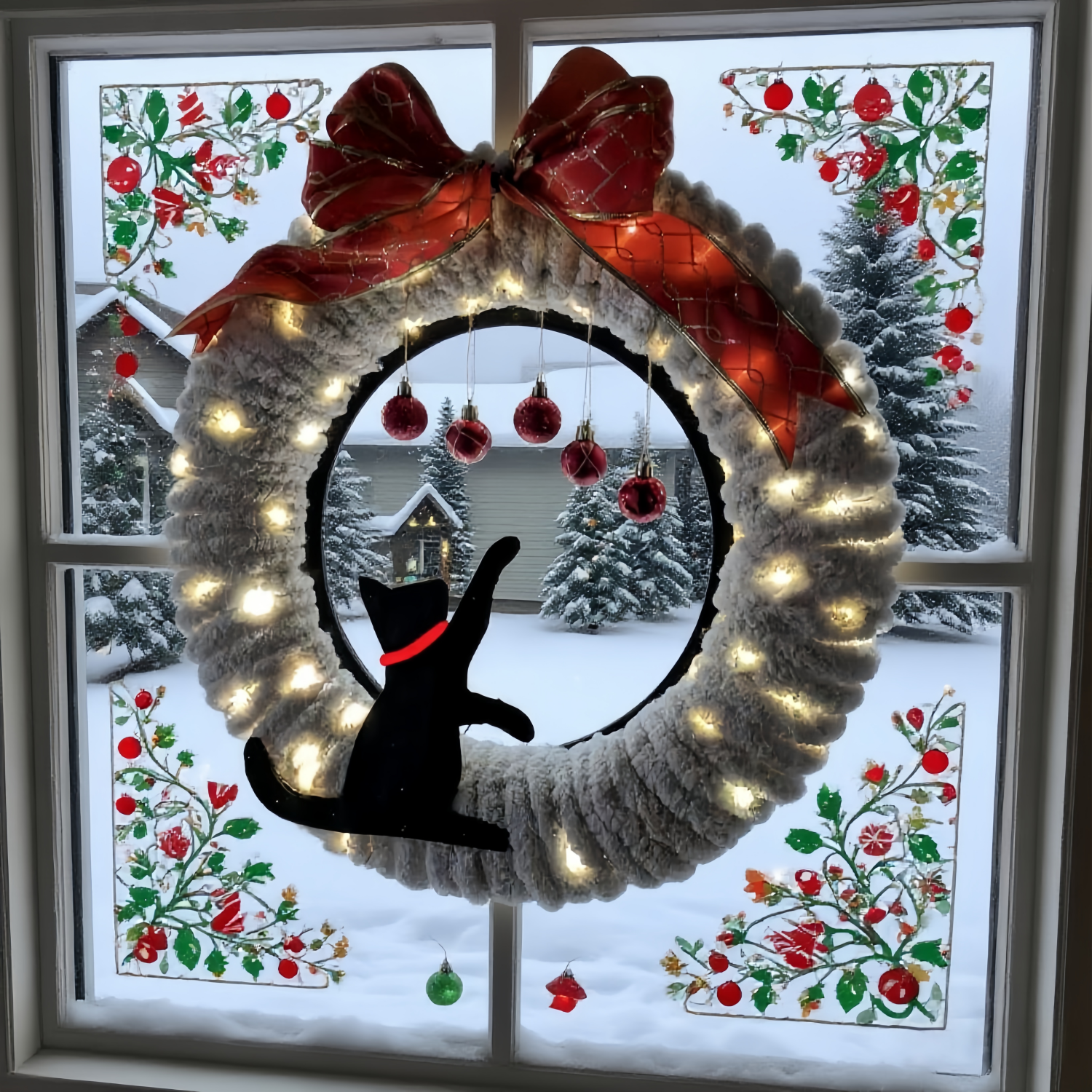 🔥LAST DAY 50% OFF🔥Cats winter Christmas front door wreath With Light