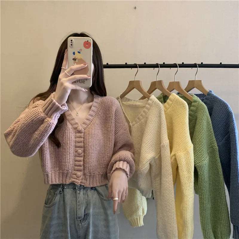 Button-Up V-Neck Knit Cardigan