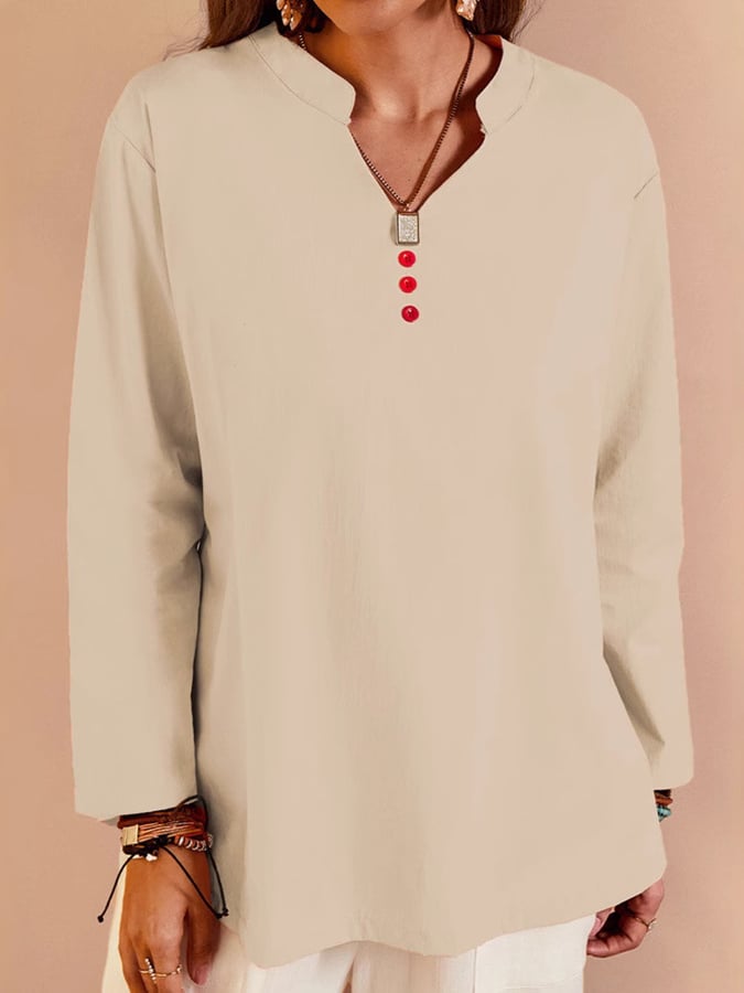 Women's V-Neck Long Sleeve Loose Button Design Casual Shirt