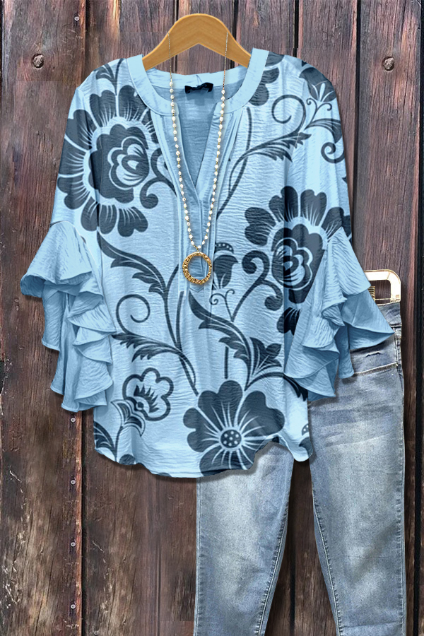 Retro Floral Print Layered Ruffle Sleeve Top
