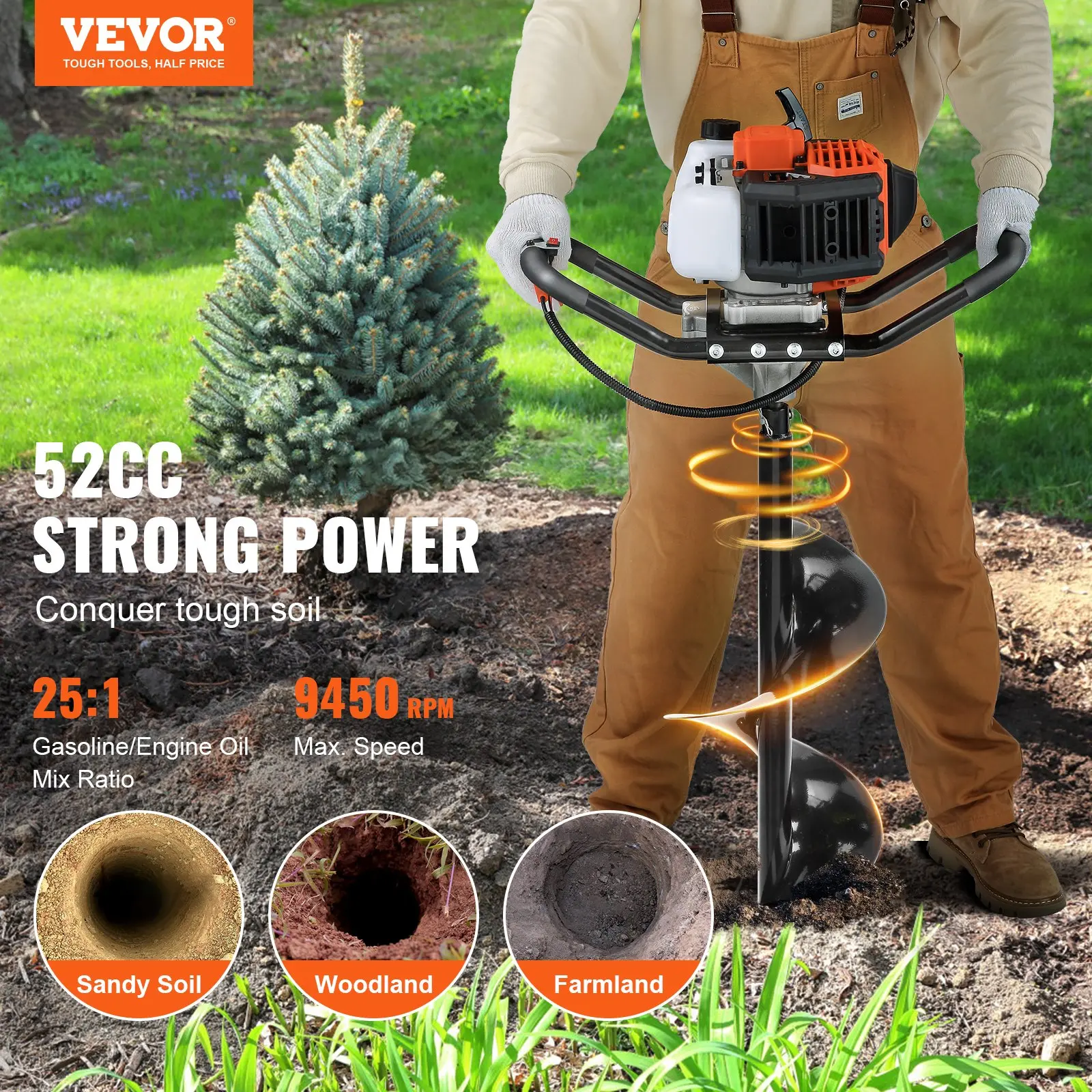 Post Hole Digger,  52cc 1450W Auger Post Hole digger, Gas Powered Earth Digger with Two Earth Auger Drill Bit 6