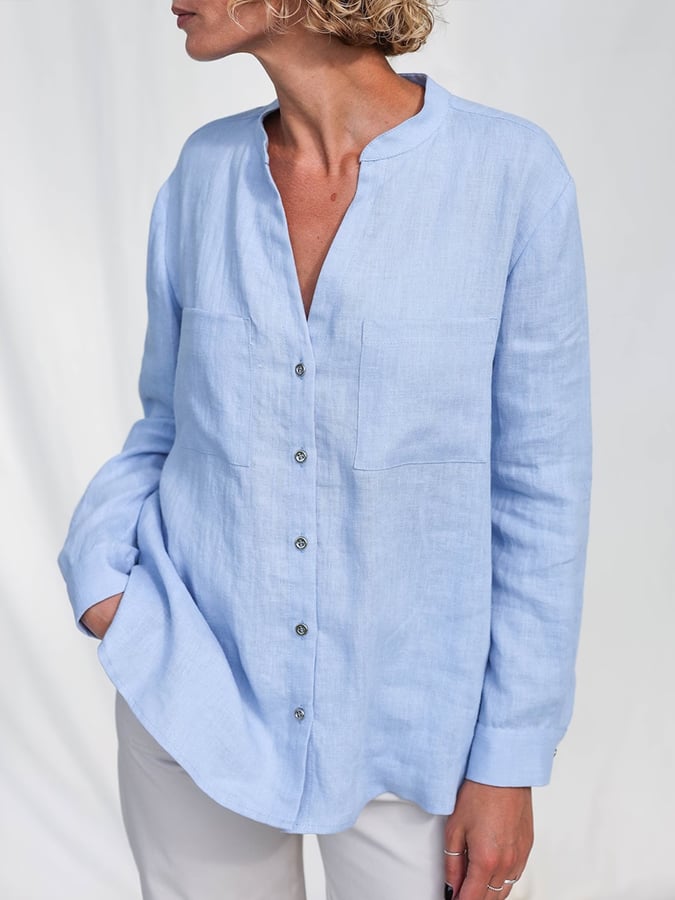 Women's Cotton Linen V Neck Loose Button Shirt