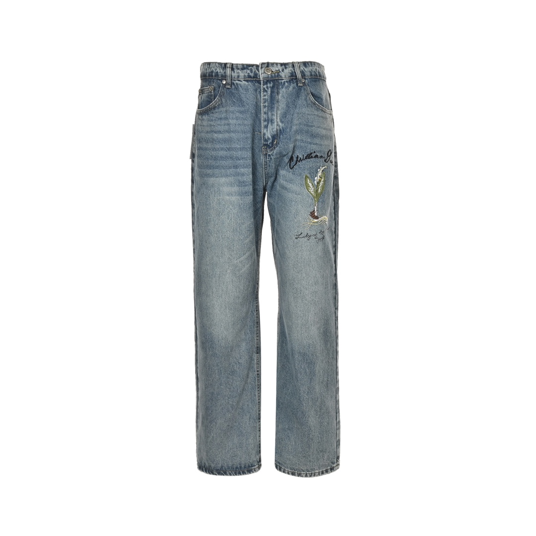 Dior 24Fw floral embroidered lettering washed jeans