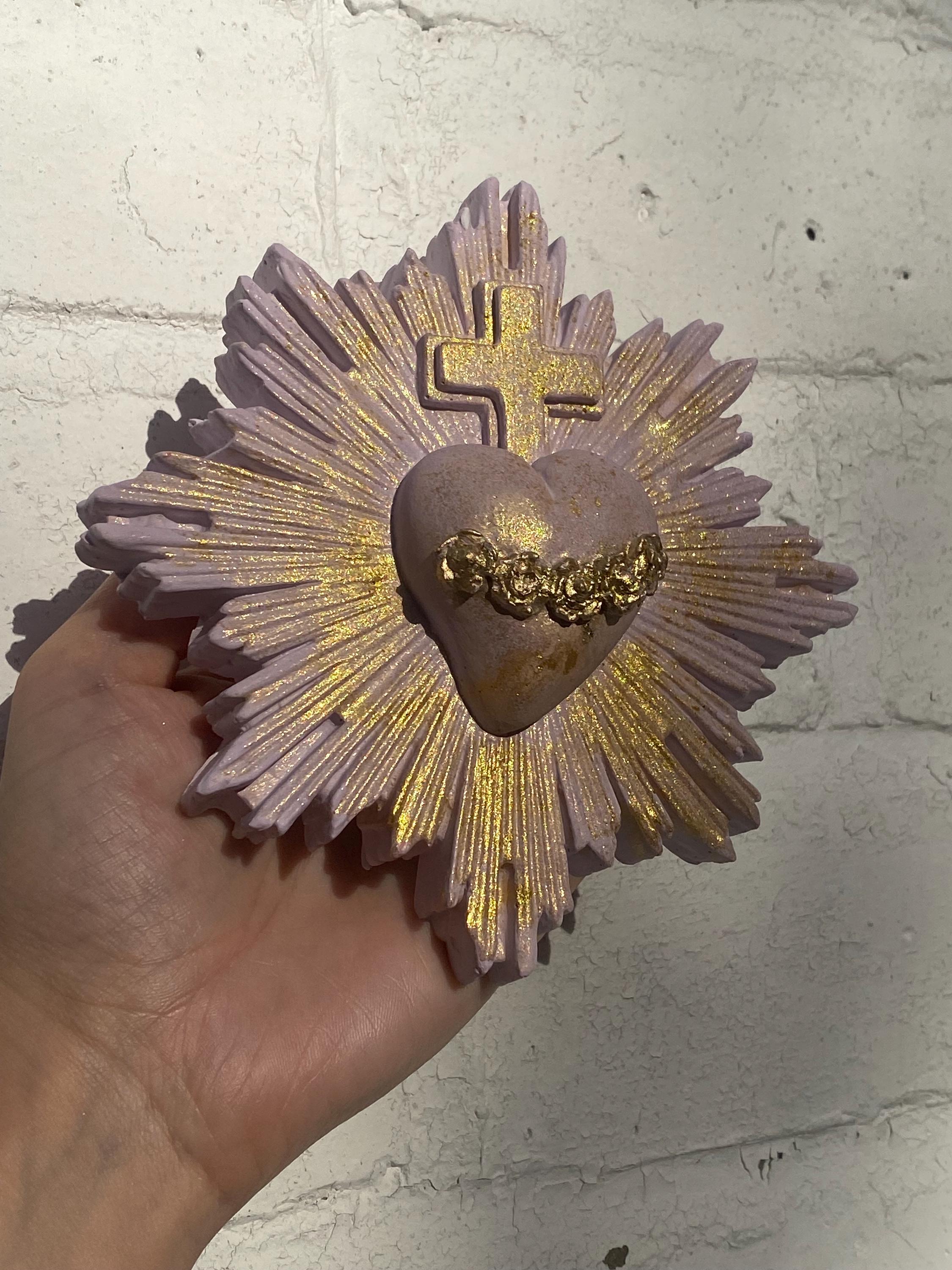 Sacred Heart Wall Decor, Milagro Heart, Flaming Heart & Cross, Handmade.
