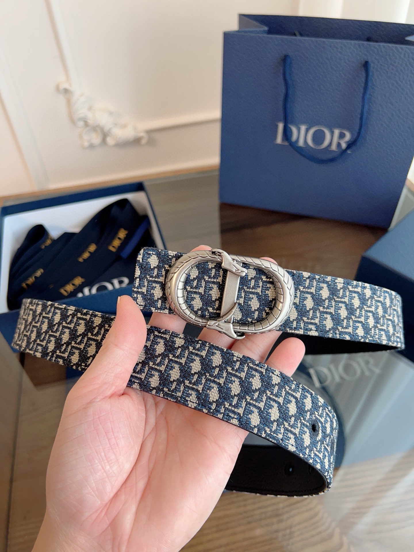 Dior Oblique Blue Cloth Black Cowhide Leather Strap 3.5cm Wide