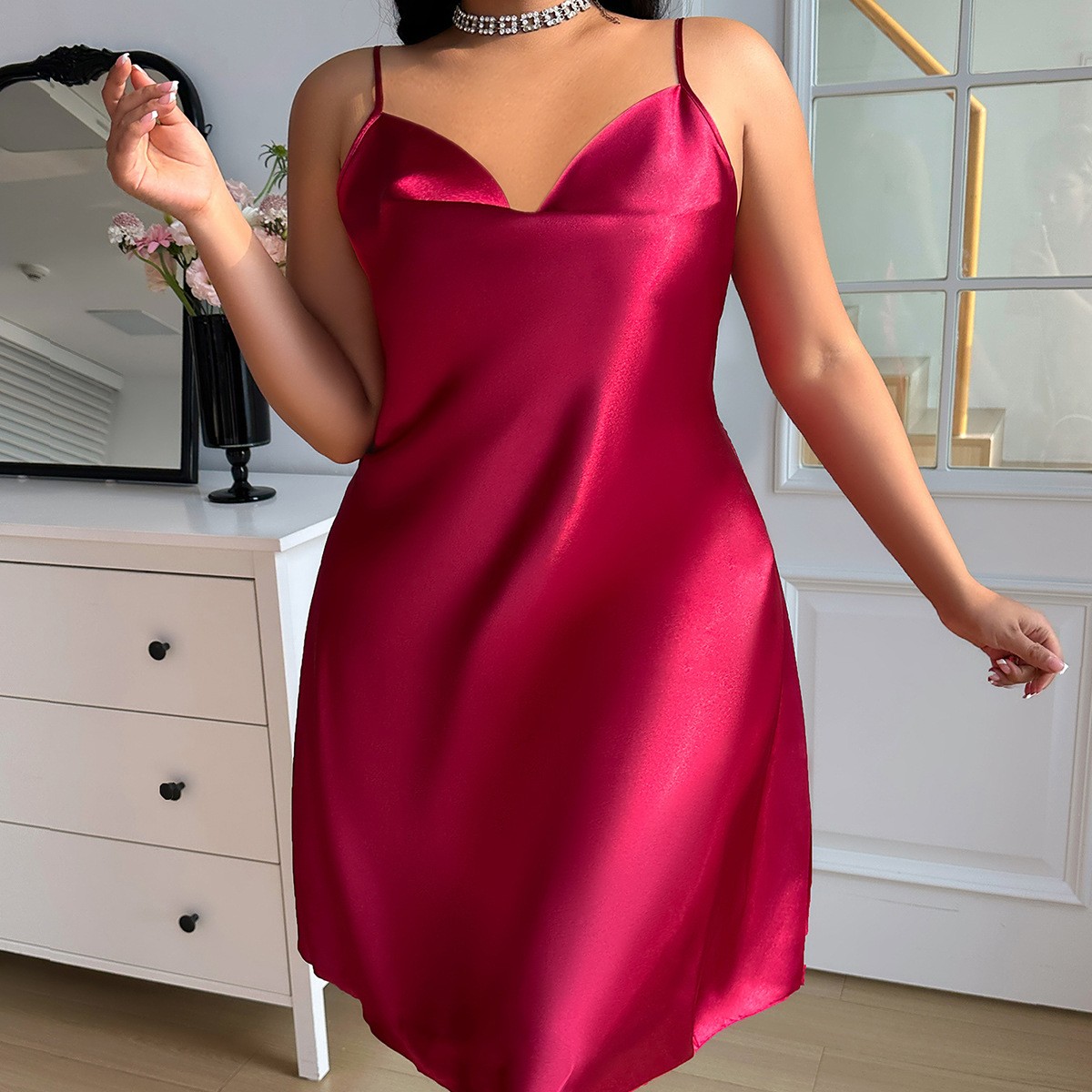 Plus Size Women's Sexy Silk Solid Color Suspender Sleeveless Dress
