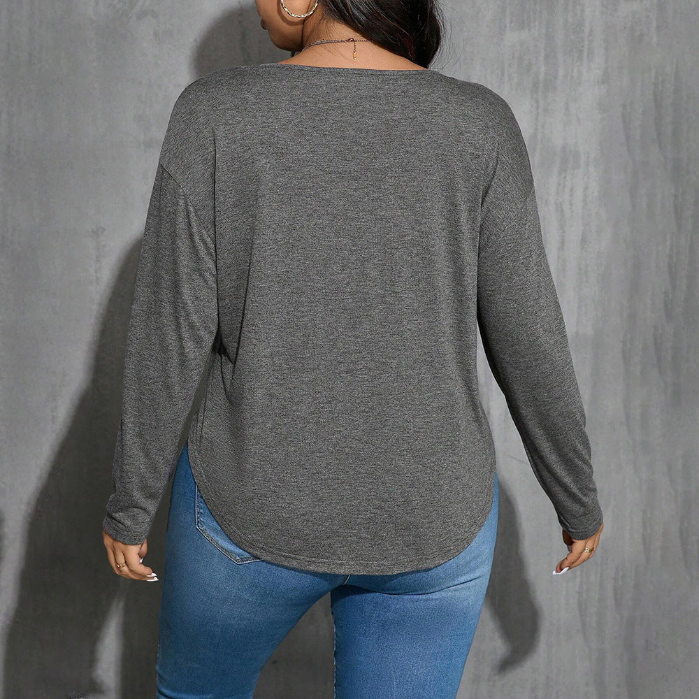 Plus Size Women Clothing V neck Simplicity T shirt Autumn Winter Gray All Match Loose Slimming Bottoming Top