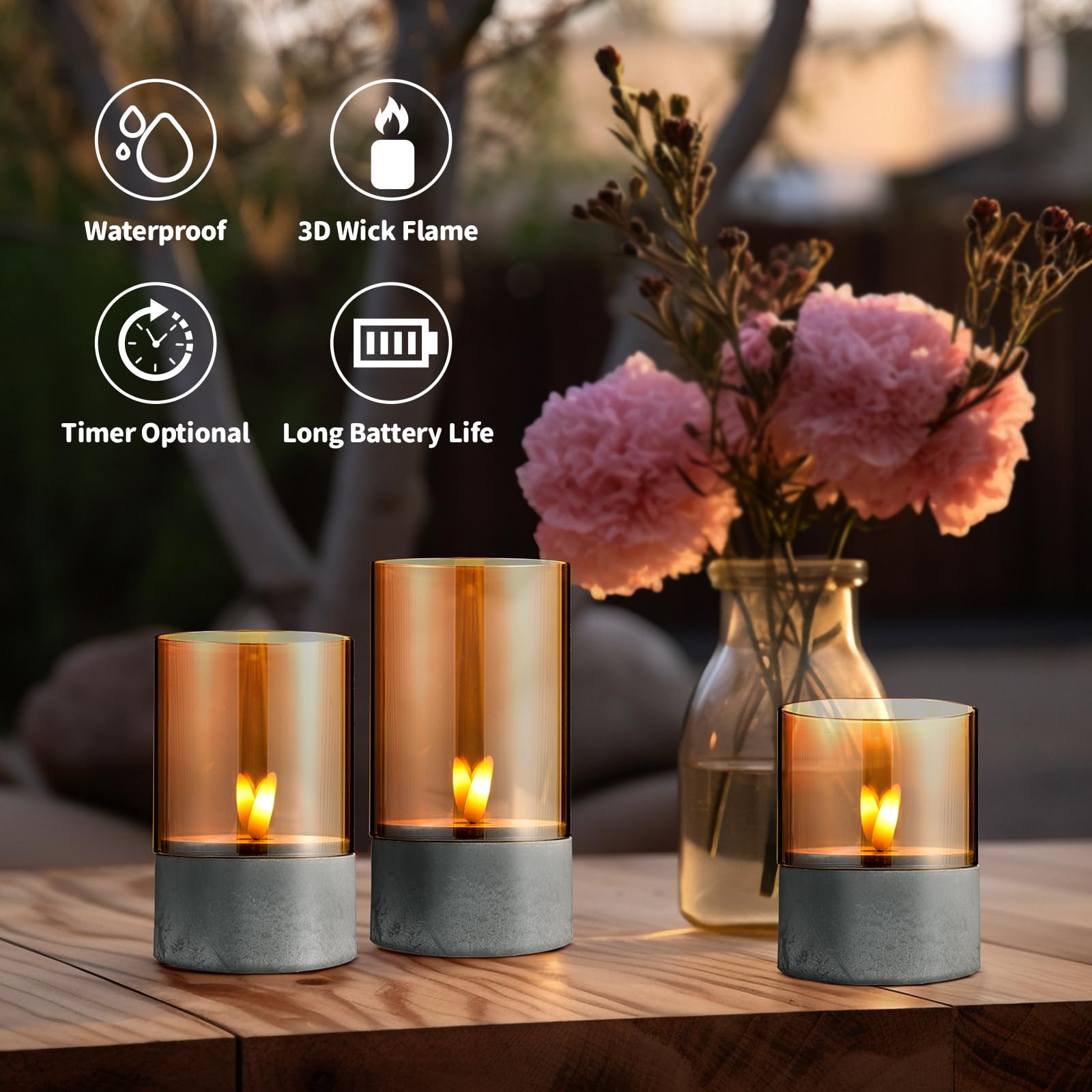 Set of 3 Gold Glass LED Candles with Imitation Cement Base - Battery Operated Candle Set with Cover