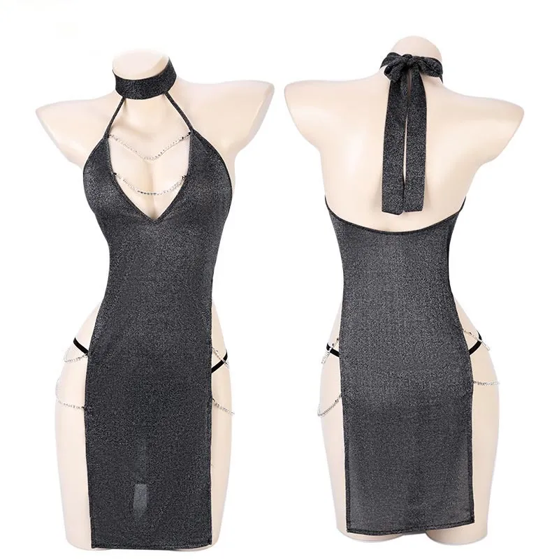 Halter Chain Deep V-neck Split Lingerie Dress