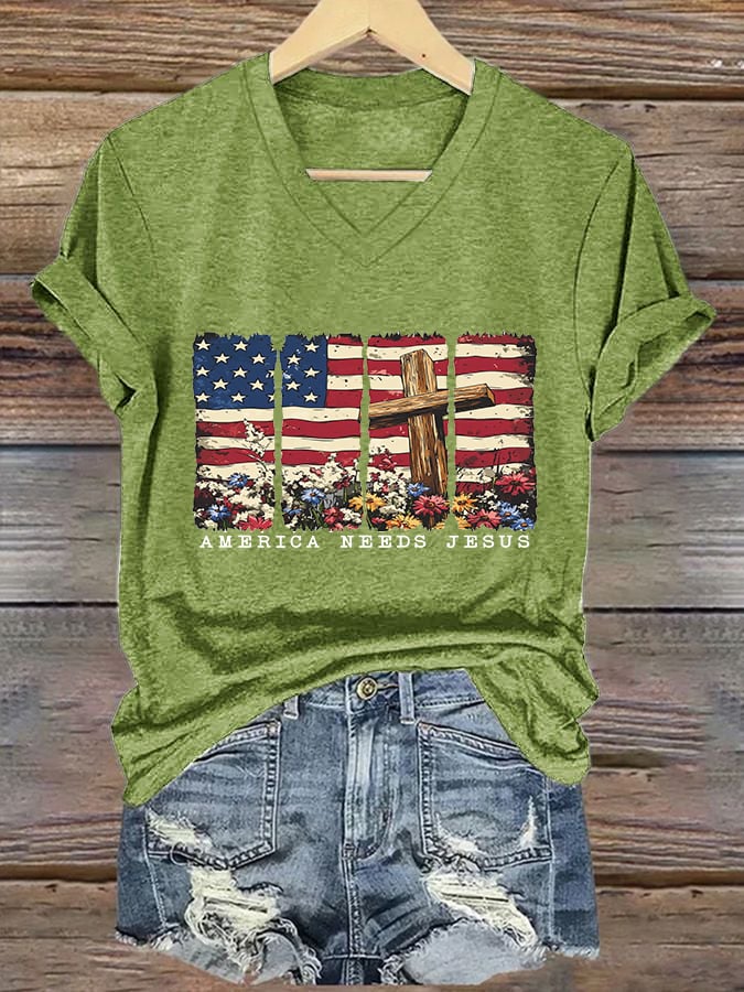 Women's America Needs Jesus Print V-Neck T-Shirt