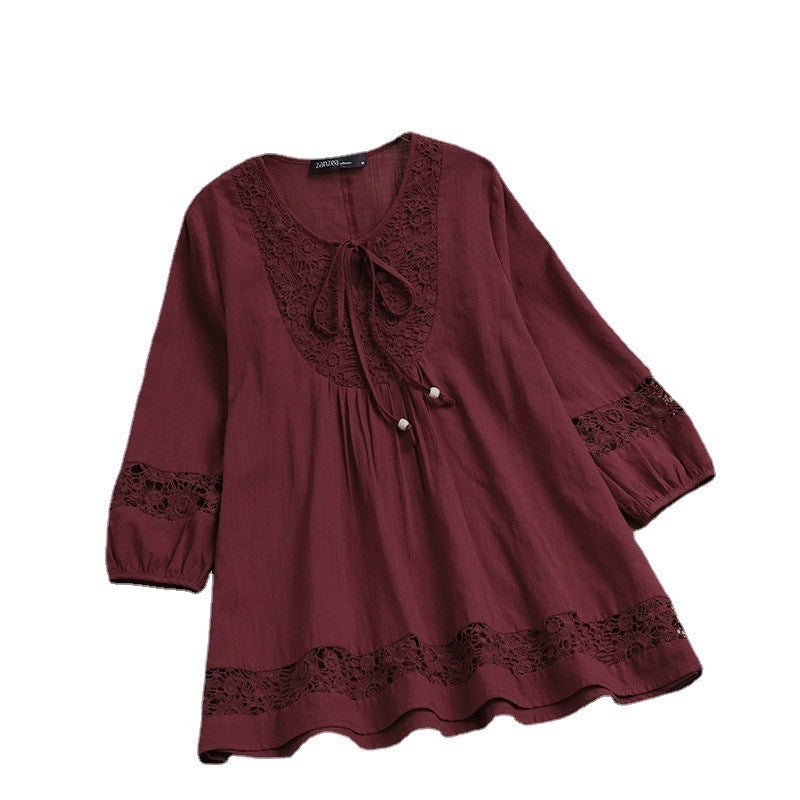 Temperament Sleeve Loose Women's Top: Cotton and Linen Stitching with Lace Detail