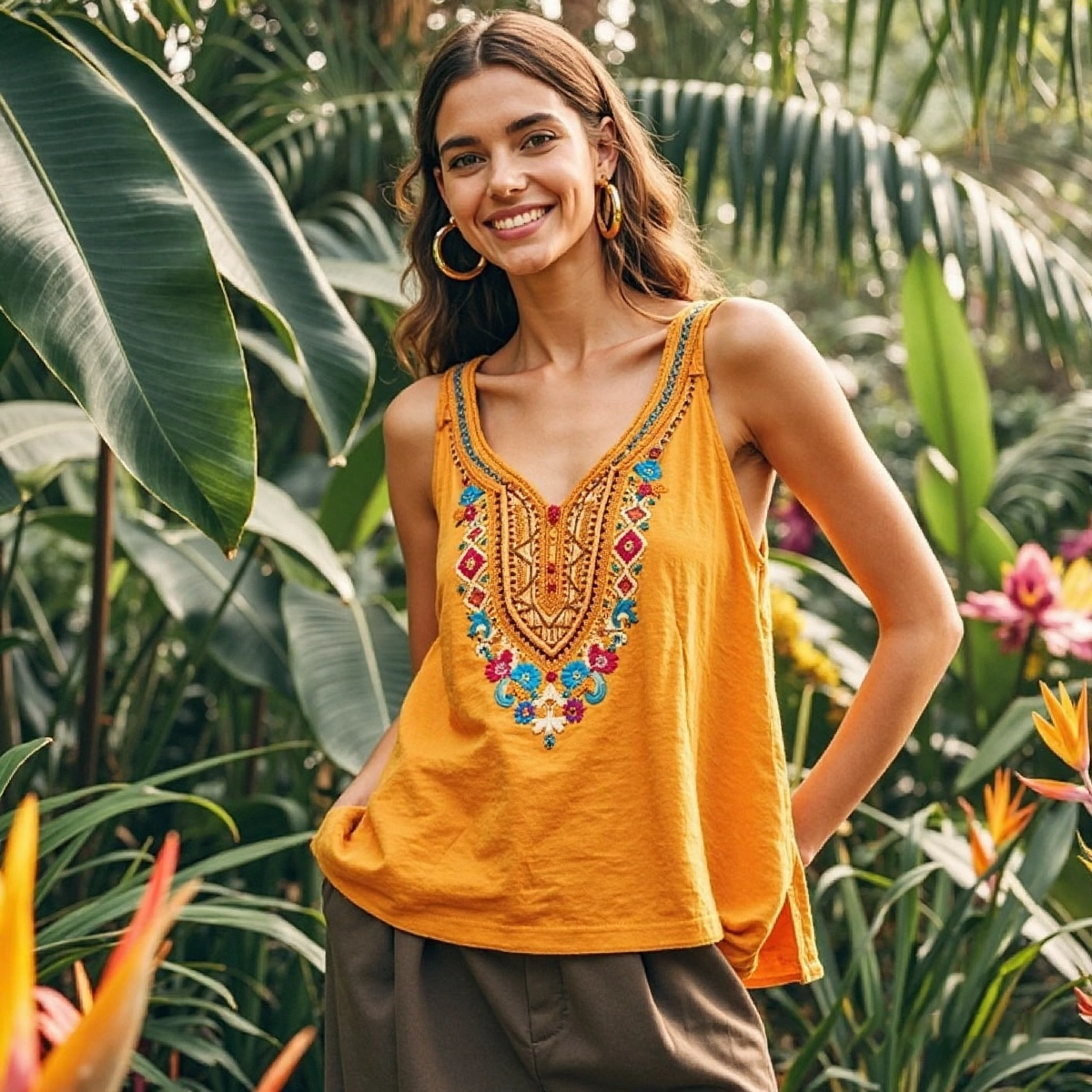 Women's Ethnic Floral Art Linen Sleeveless Tank Top