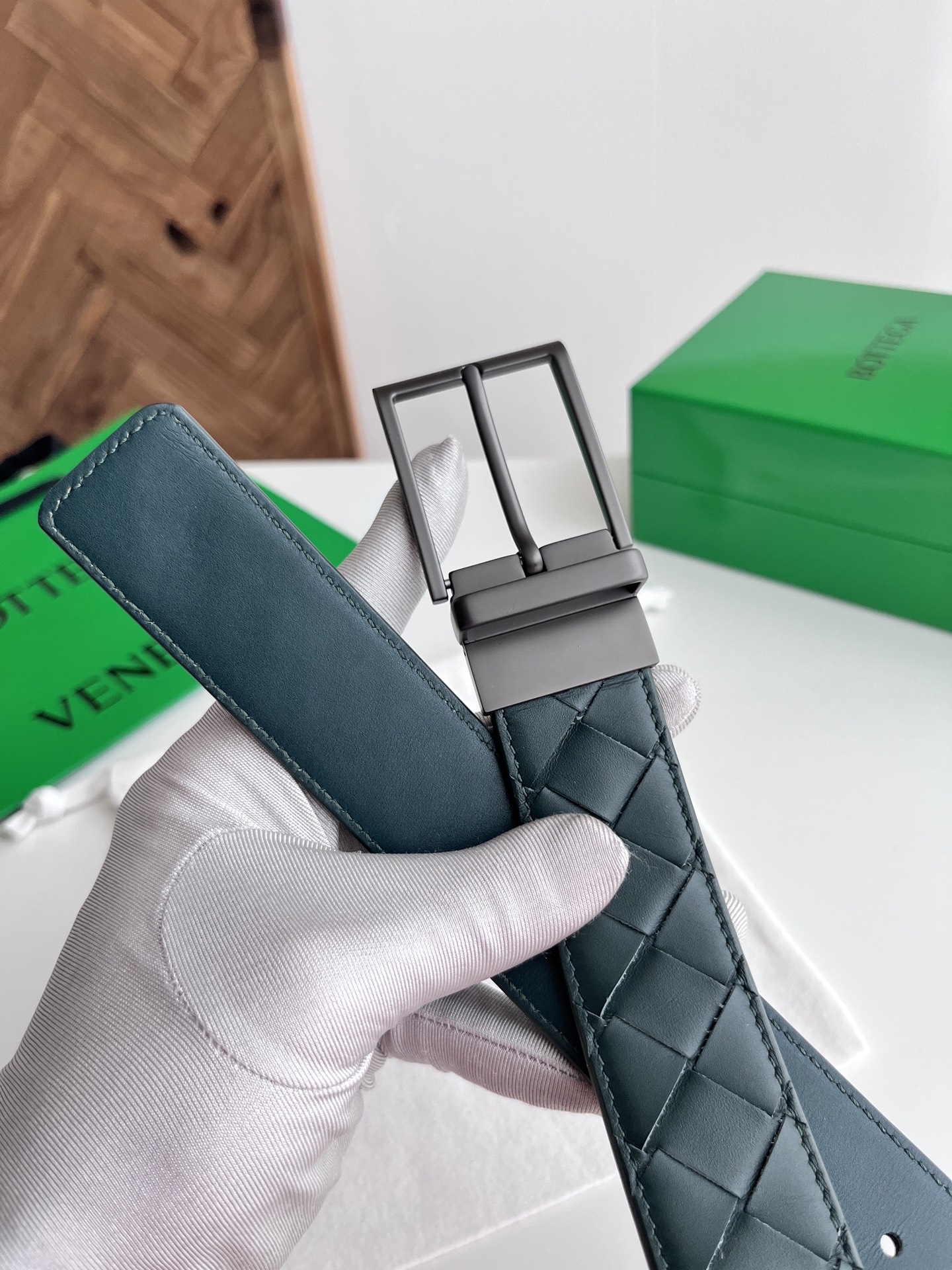 Bottega Veneta 25 vintage pin buckle woven leather belt 3.5cm wide