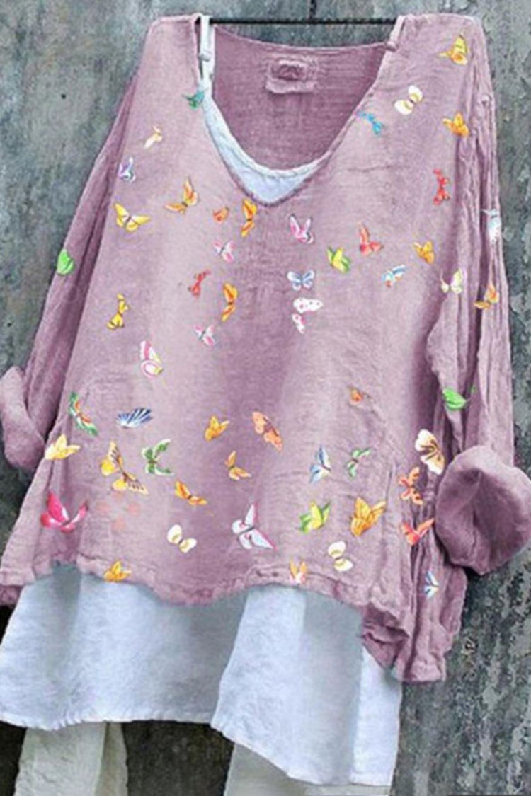 Casual Cotton Linen Butterfly Printed T-Shirt Two Piece