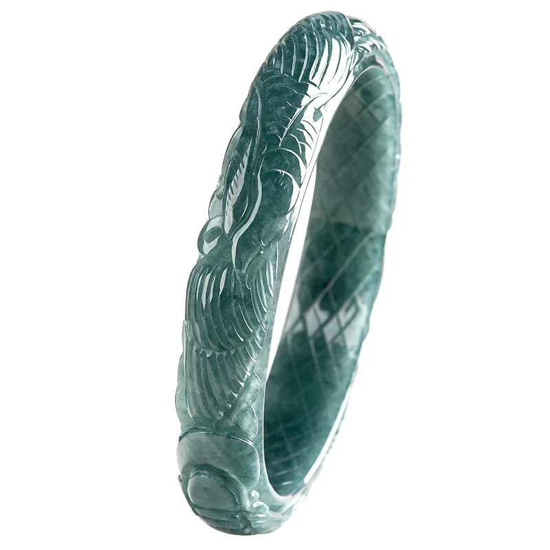 Natural A-grade Jade Blue Water Circle Stereoscopic Carved Phoenix Safety Bracelet Ice Jadeite Bangle Children's Gifts Jewelry