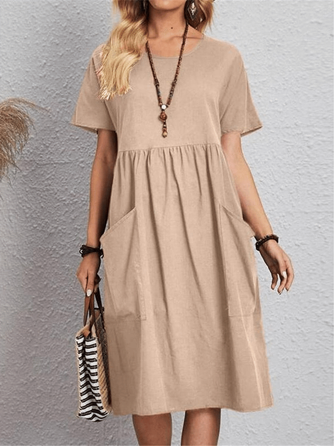 Women's Cotton And Linen Round Neck Short Sleeve Pocket Pleated Loose Dress