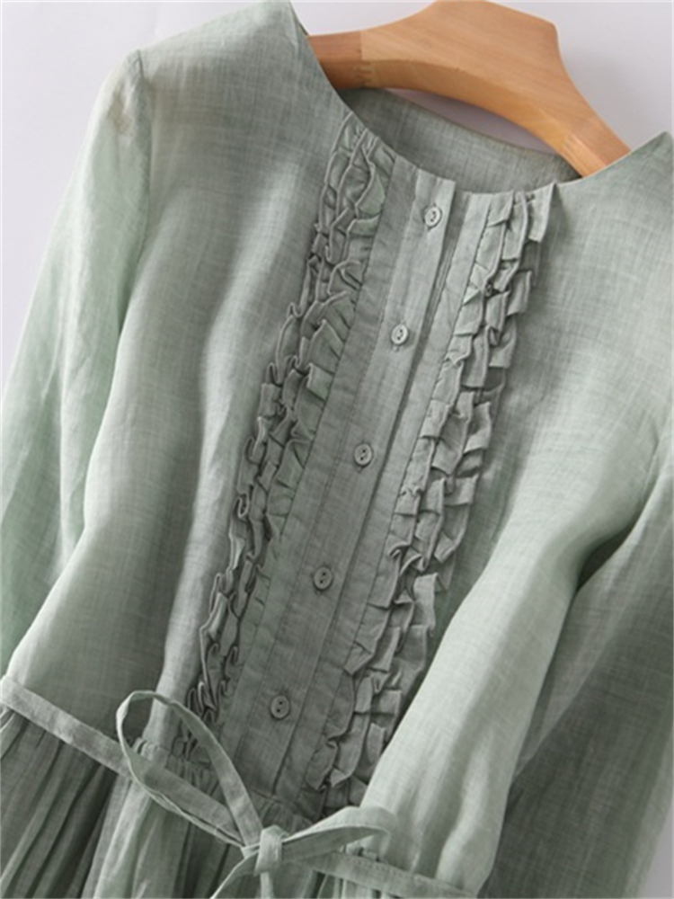 Vintage Ruffle Placket Tied Pleated Flowy Maxi Dress