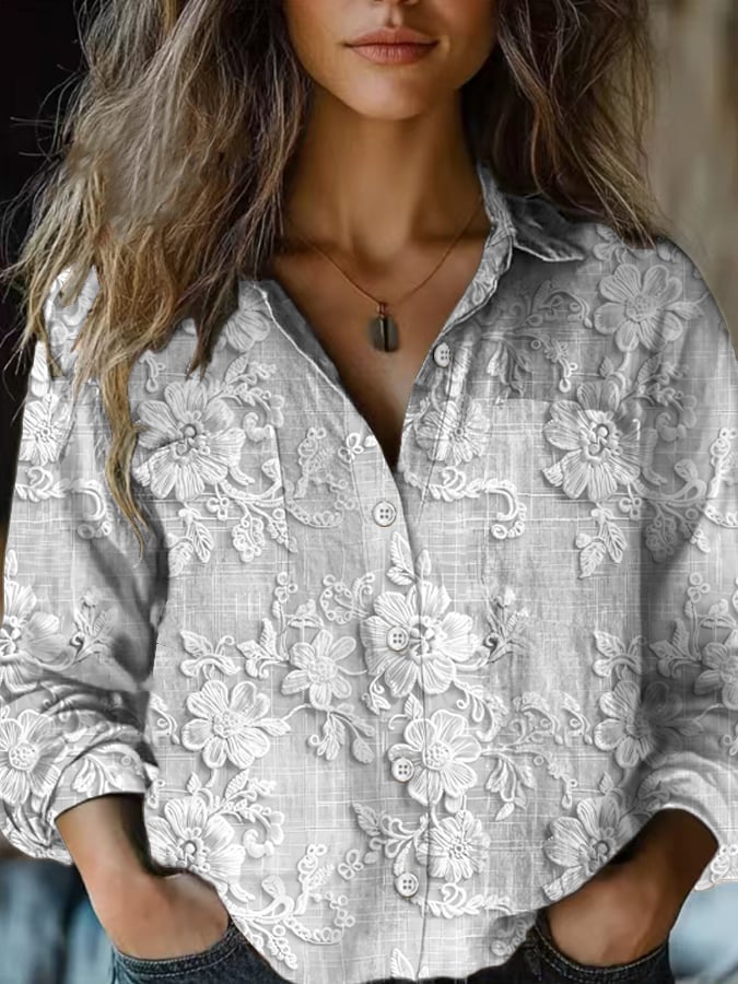 Women's Casual Vintage Floral Cotton and Linen Shirt