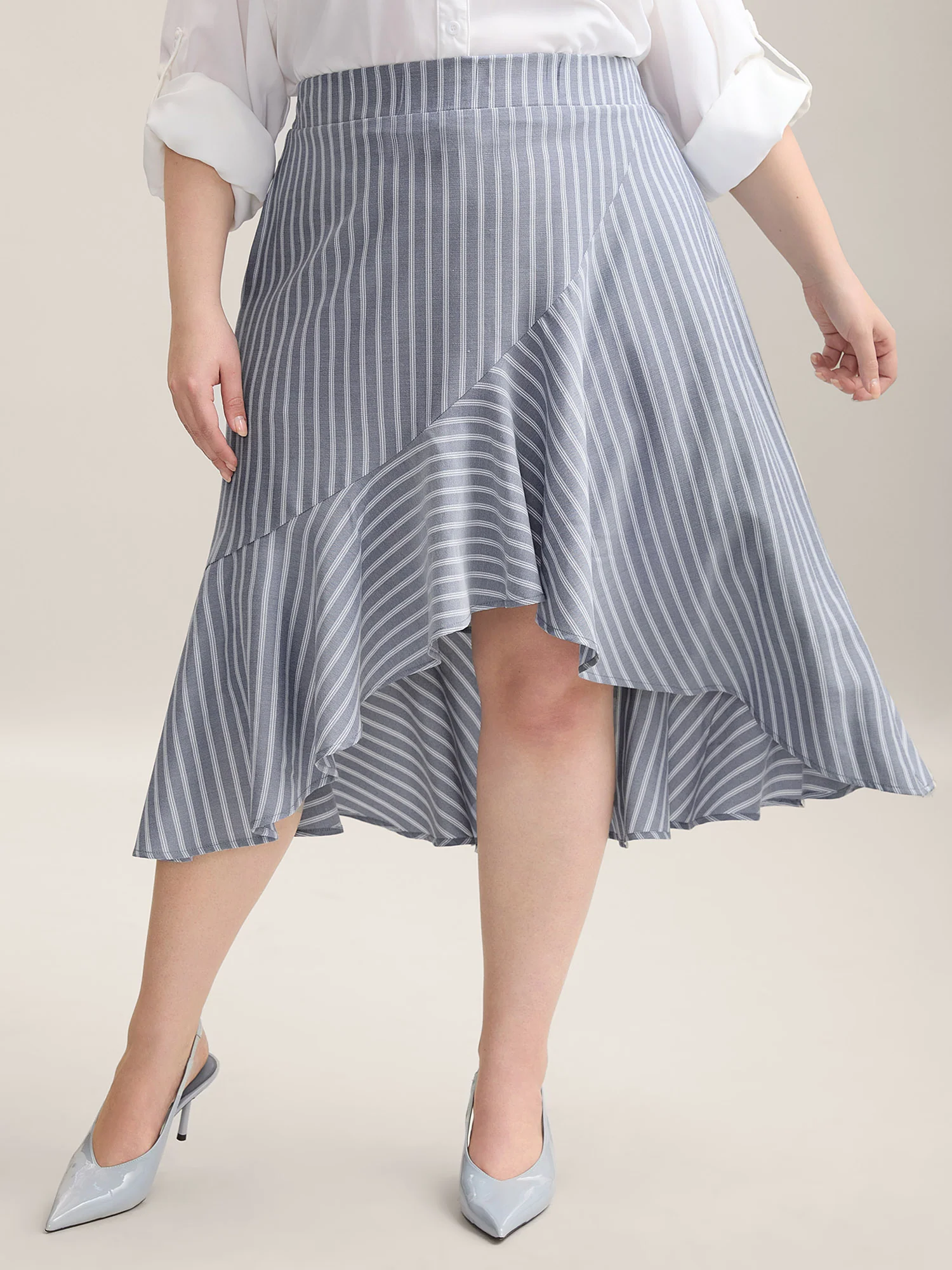 Stripe Print High-Low Hem Midi Skirt