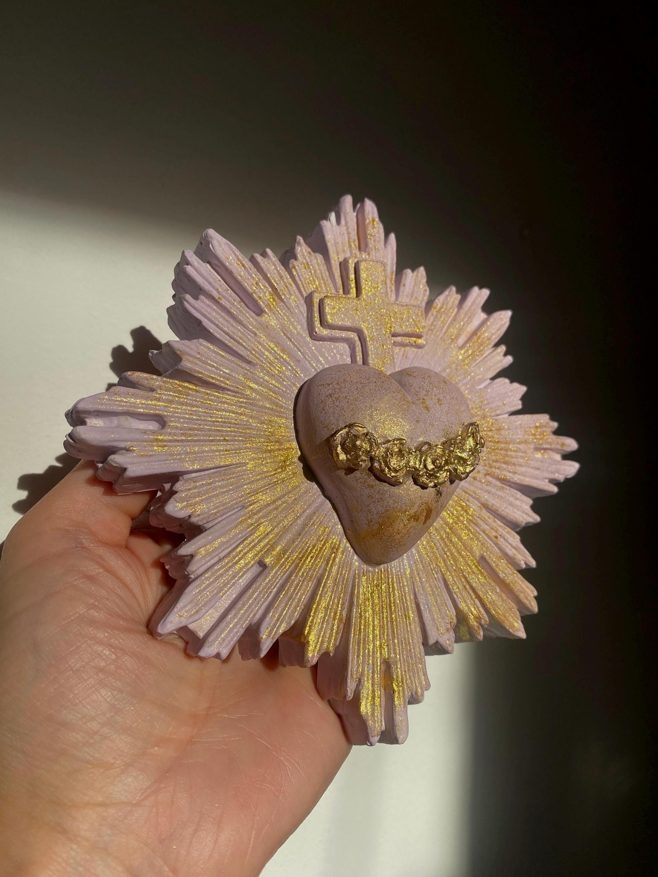 Sacred Heart Wall Decor, Milagro Heart, Flaming Heart & Cross, Handmade.