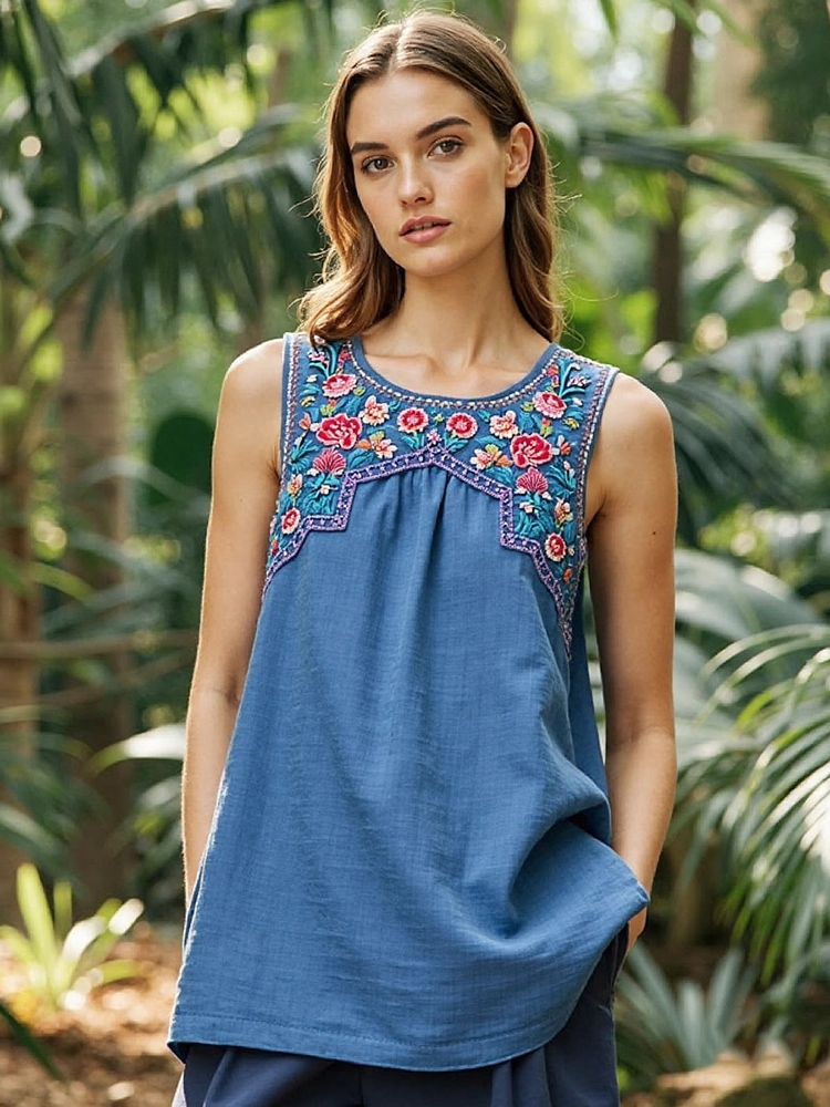 Women's Ethnic Floral Linen Vest