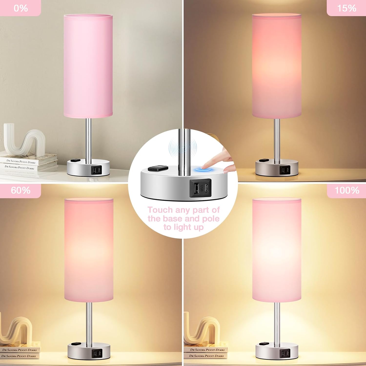 Bedside Table Lamp for Bedroom - 3 Way Dimmable Touch Lamp USB C Charging Ports and AC Outlet, Small Lamp Wood Base Round Flaxen Fabric Shade for Living Room, Desk, LED Bulb Included