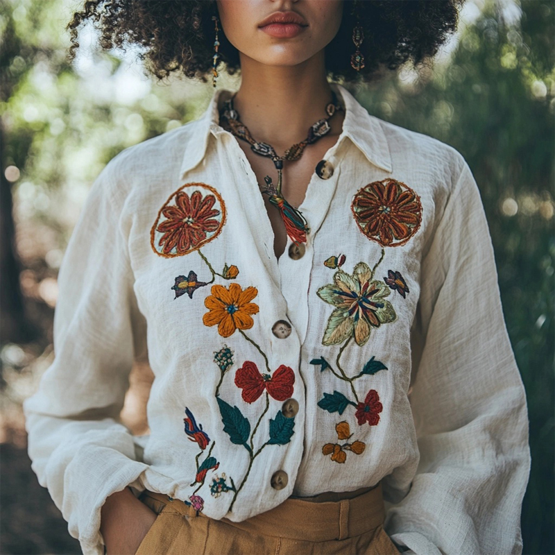 Vintage Floral Embroidered Linen Blend Blouse