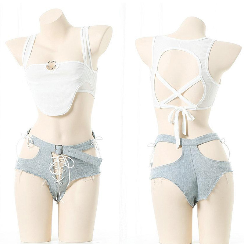 Pure Color Tank Top Hollow Out Denim Shorts Lingerie Set