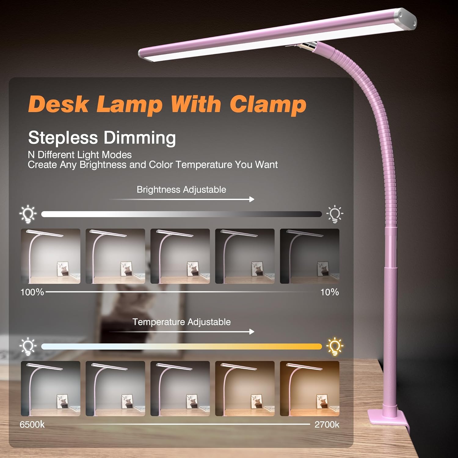 LED Desk Lamp for Office Home, Eye-Caring Desk Light with Stepless Dimming Adjustable Flexible Gooseneck, 10W USB Adapter Desk Lamp with Clamp for Reading, Study, Workbench (Black)