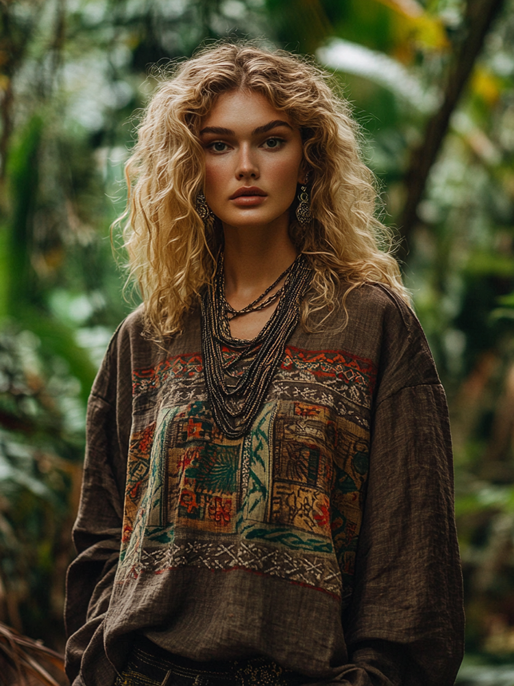 Retro Bohemian Resort Art Embroidery Print Cotton And Linen Blend Loose Blouse