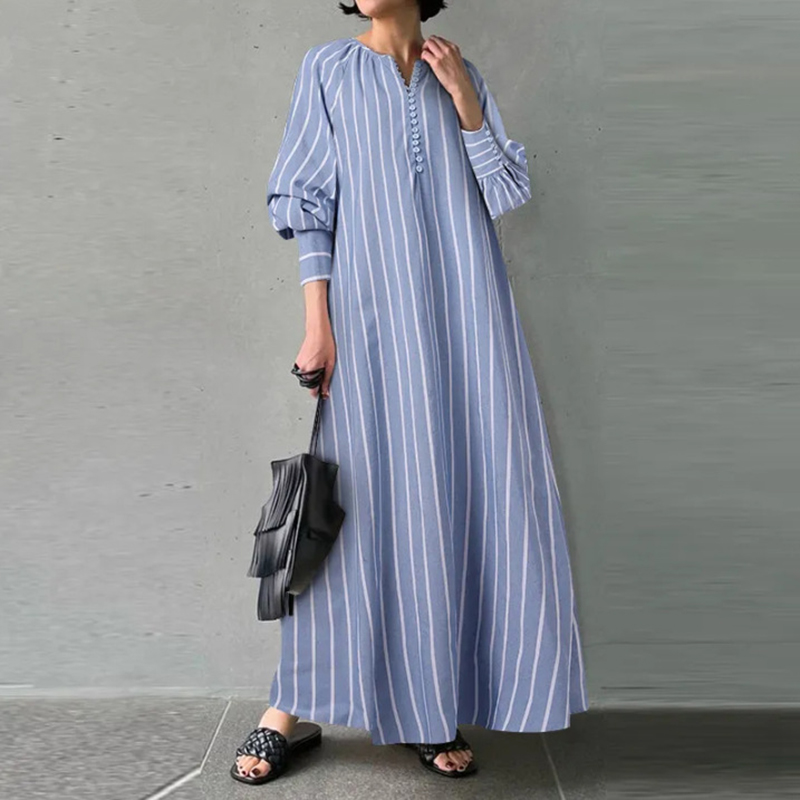 Vintage Stripes V Neck Long Sleeve Maxi Dress