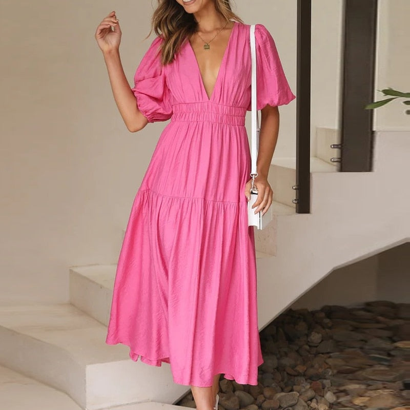 Women Casual Short Sleeve Deep V-neck Dress Ladies Loose High Waist Office Dress