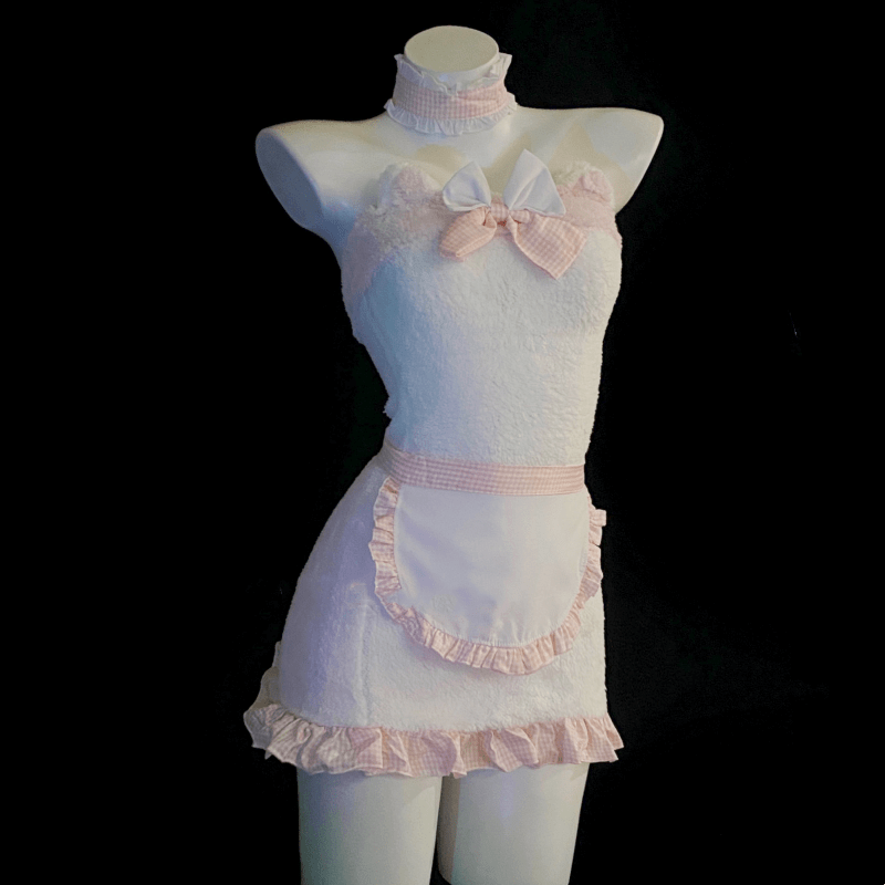 Kawaii Bow Knot Fuzzy Maid Apron Dress Lingerie