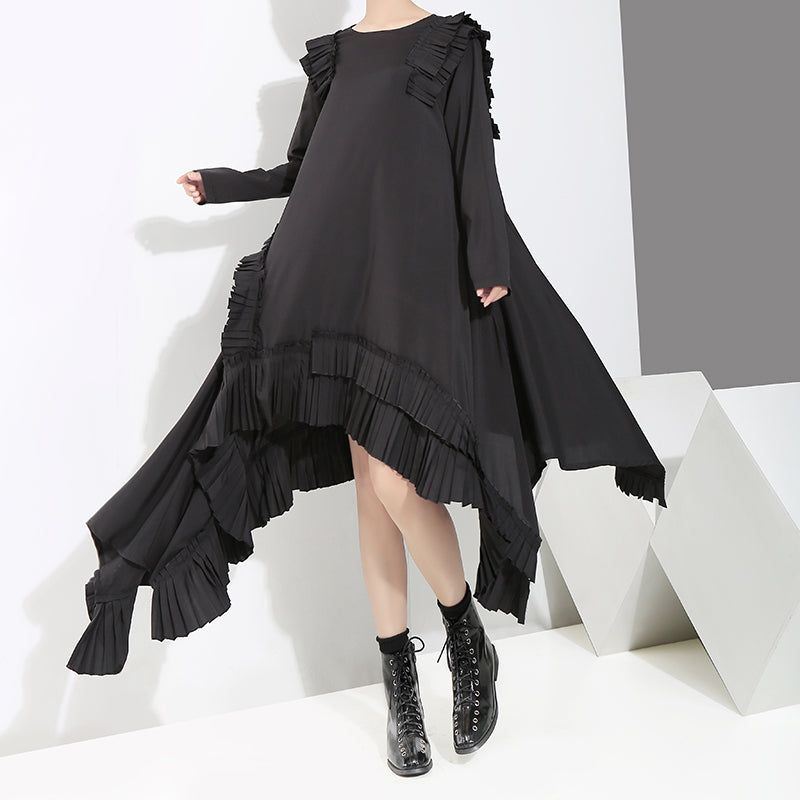 Women's Fashion Vintage Black Irregular Pleated Skirt