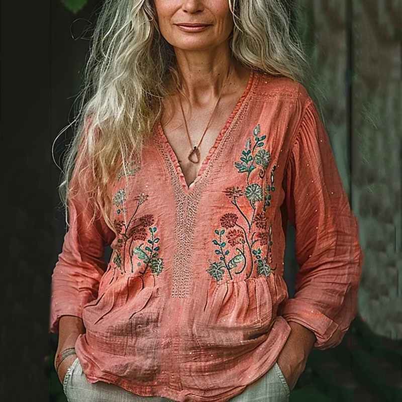 Bohemian Ethnic  Floral Linen Art Print Long Sleeve V-neck Shirt