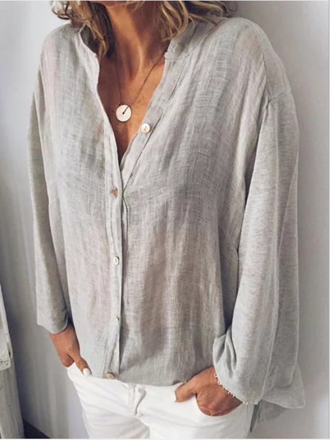 Women's V-Neck Long Sleeve Loose Button Design Casual Shirt