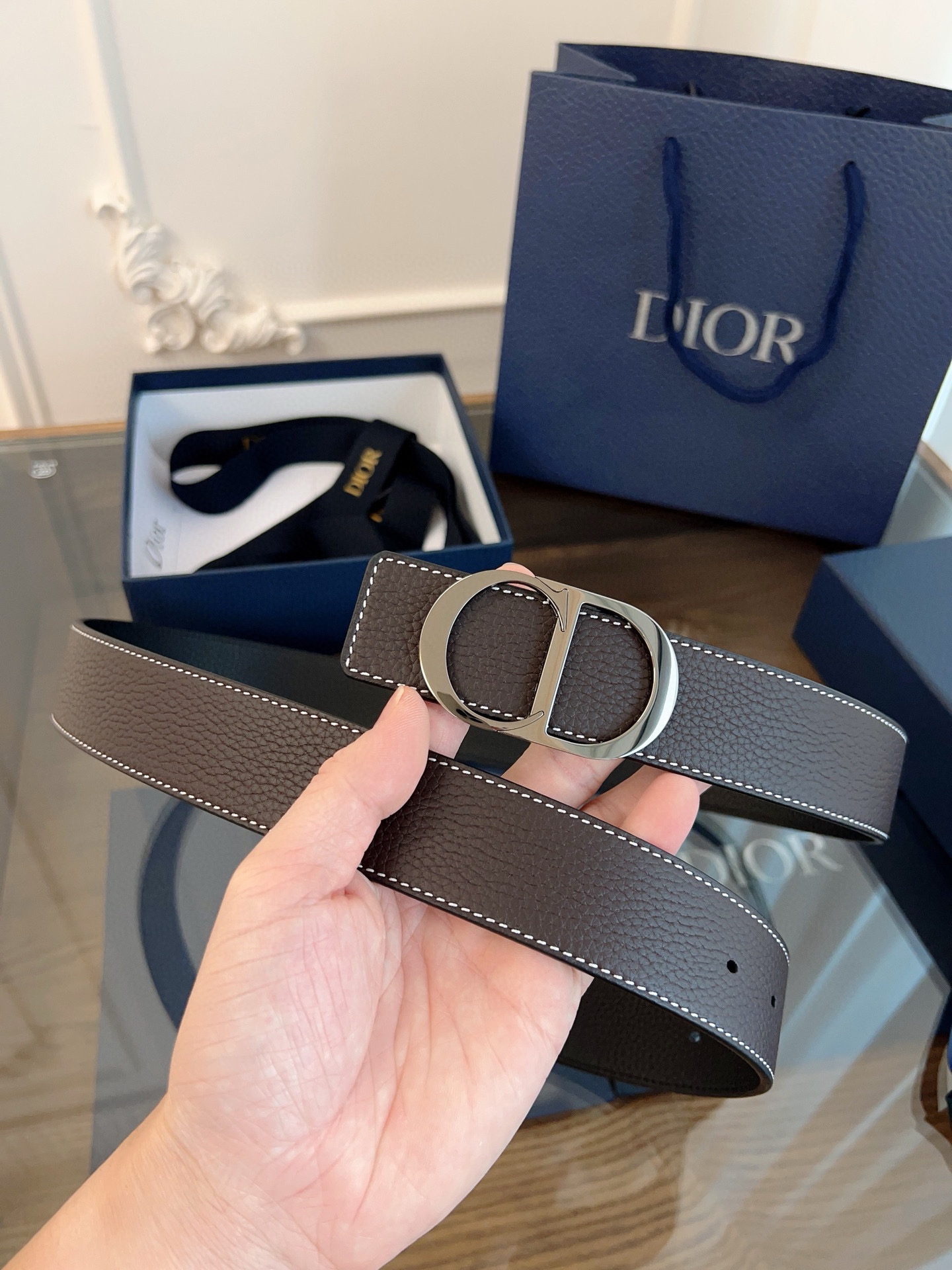 Dior coffee black double-sided cowhide leather belt width 3.5cm