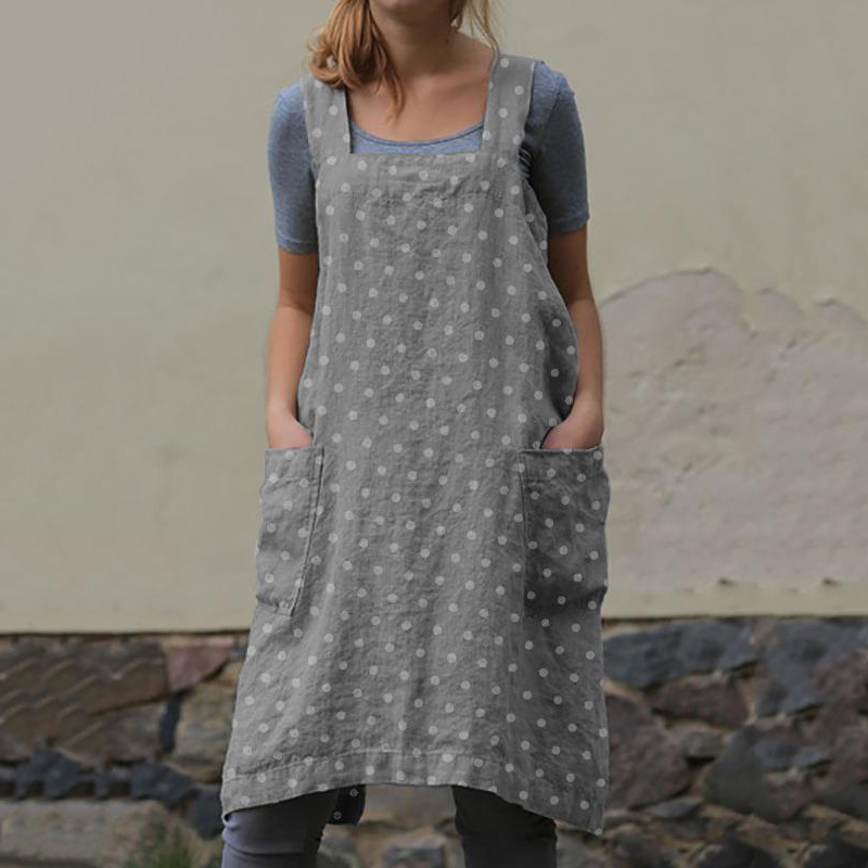 Pocket Polka Dot Cotton And Linen Strap Apron Dress