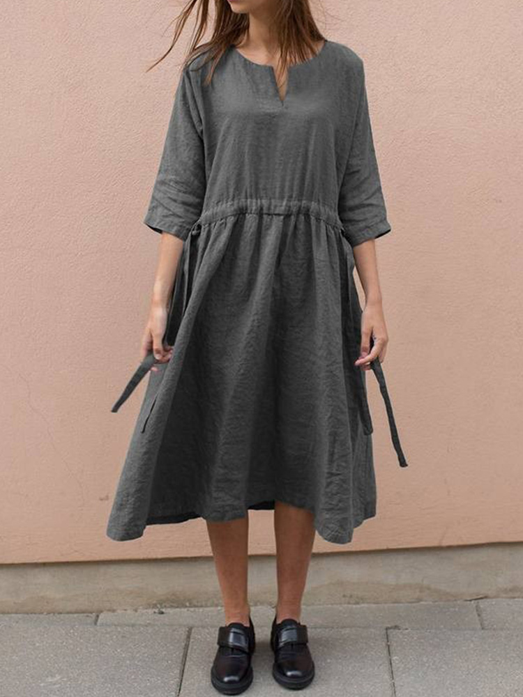 Solid Color Lace-up V Neck Midi Dress