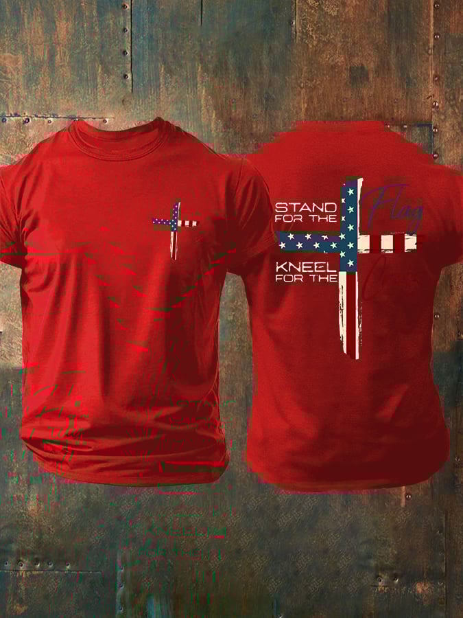 🔥Hot Sale Picks 🔥Men's Stand For The Flag Kneel For The Cross Printed Casual T-Shirt